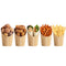 Five kraft paper food containers filled with assorted snacks and fast food, including donuts, rings, wraps, fries, and sweet potato fries, arranged in a row on a white background.