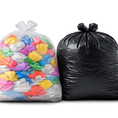 Two trash bags, one filled with colorful balloons and the other black, on a white background.
