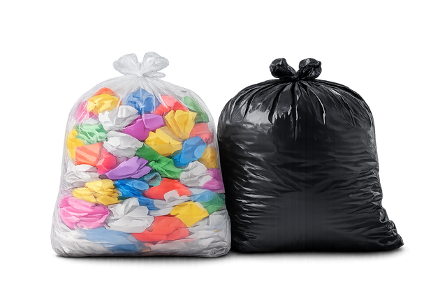Two trash bags, one filled with colorful balloons and the other black, on a white background.