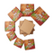 A set of square pizza-themed packaging pieces arranged on a white background, including several printed boxes or cards with a wood-grain design, red and green graphics, and a cartoon chef, plus a stack of plain brown cardboard square pieces in the center.