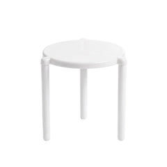 A minimalist white plastic stool with a round seat and three legs, photographed on a seamless white studio background.