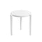 A minimalist white plastic stool with a round seat and three legs, photographed on a seamless white studio background.