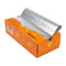 A roll of aluminum foil sheets partially unrolled from its orange cardboard packaging box, set against a plain white background.