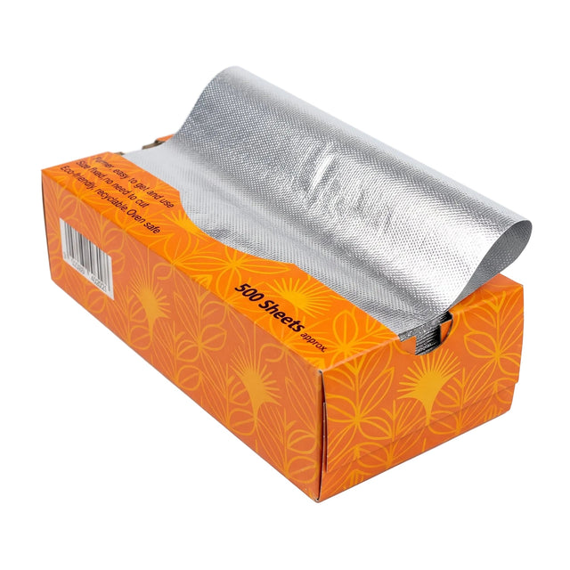 A roll of aluminum foil sheets partially unrolled from its orange cardboard packaging box, set against a plain white background.