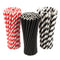 Three bundled reusable paper straws on a white background: red and white striped on the left, solid black in the center, and black and white striped on the right.