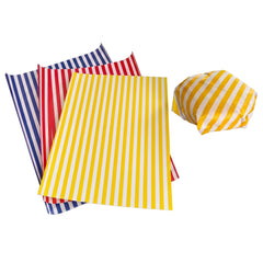 Three striped paper envelopes or gift bags in yellow, red, and blue-and-white stripes, arranged on a white background with one folded piece next to them.
