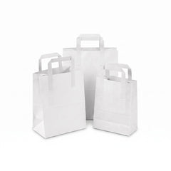 Three plain white paper shopping bags of different sizes arranged together on a clean white background.