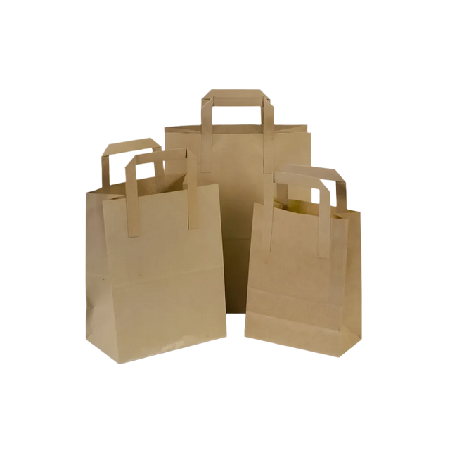 Three brown paper bags of different sizes on a white background
