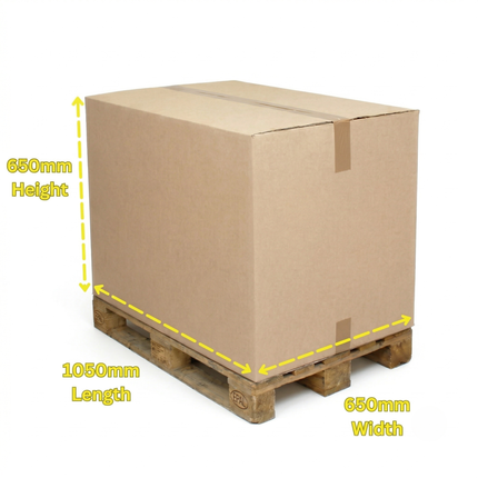 Cardboard box on a wooden pallet with measurements indicated