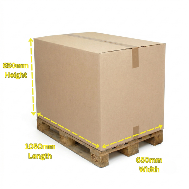 Cardboard box on a wooden pallet with measurements indicated