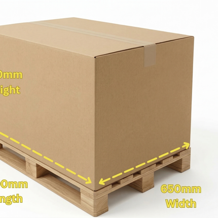 Cardboard box on a wooden pallet with measurements indicated