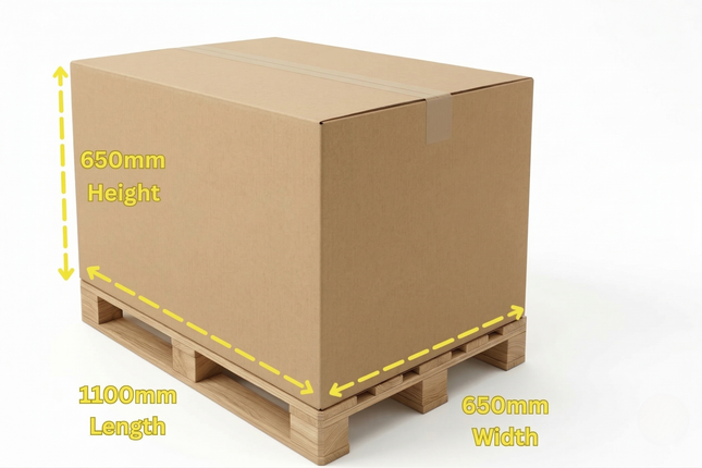 Cardboard box on a wooden pallet with measurements indicated