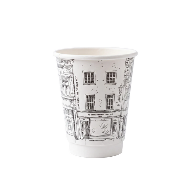 A white paper coffee cup printed with black architectural line drawings of a building facade, shown on a clean white background.