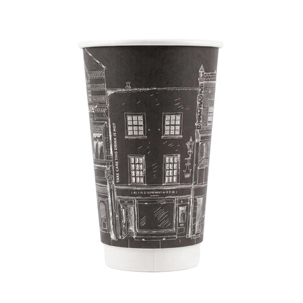 A black paper coffee cup featuring a white line-art illustration of a London street scene with a building labeled 'The Caffe Nero', shown on a clean white background.