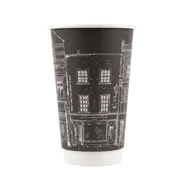 A black paper coffee cup featuring a white line-art illustration of a London street scene with a building labeled 'The Caffe Nero', shown on a clean white background.