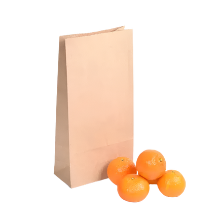 A brown paper SOS bag with a block bottom design alongside several oranges, representing the bag's capacity and use for carrying items.