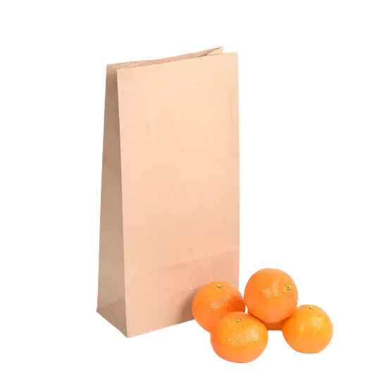 A brown paper SOS bag with a block bottom design alongside several oranges, representing the bag's capacity and use for carrying items.