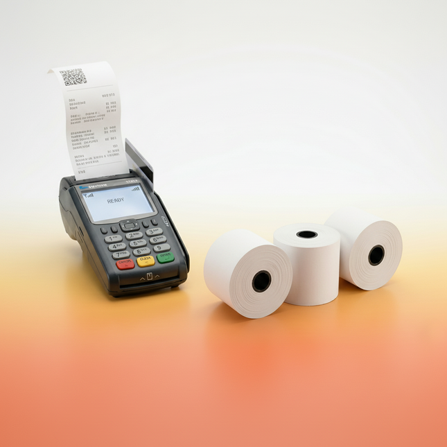 Payment terminal with three rolls of thermal paper on a gradient background