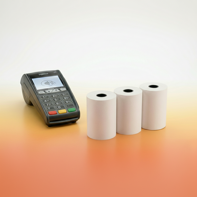 Payment terminal with three rolls of paper on a gradient background