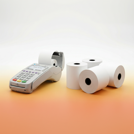 POS terminal with three rolls of paper on a gradient background
