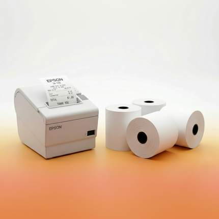 Epson thermal printer with paper rolls on a gradient background