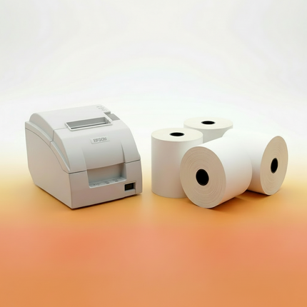 White printer with three till rolls of paper on a gradient background
