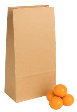 Brown paper bag next to a pile of oranges on a white background