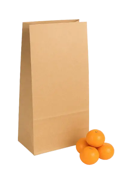Brown paper bag next to a pile of oranges on a white background