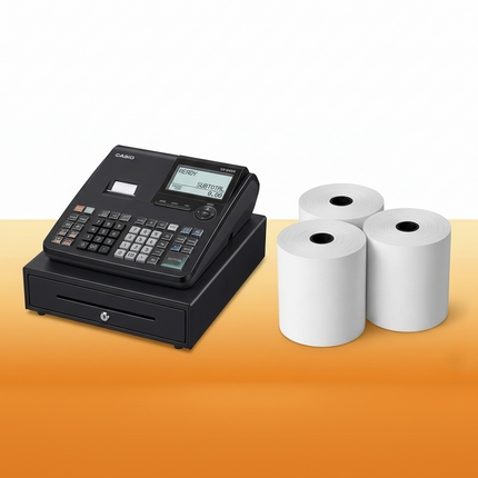Cash register with three rolls of thermal paper on an orange surface