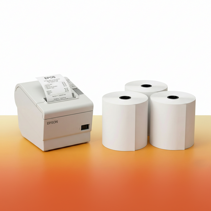 Epson thermal printer with three rolls of paper on a gradient background