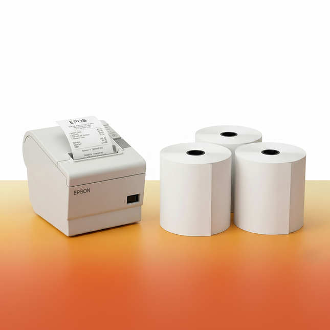 Epson thermal printer with three rolls of paper on a gradient background