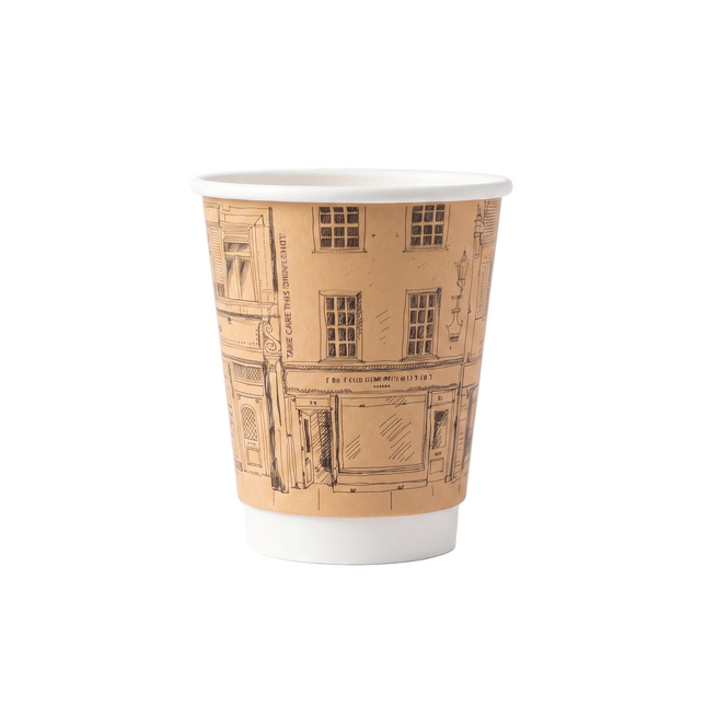 A paper coffee cup with a tan and black architectural illustration of a building facade, shown on a clean white background.