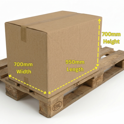 Cardboard box on a wooden pallet with measurements indicated