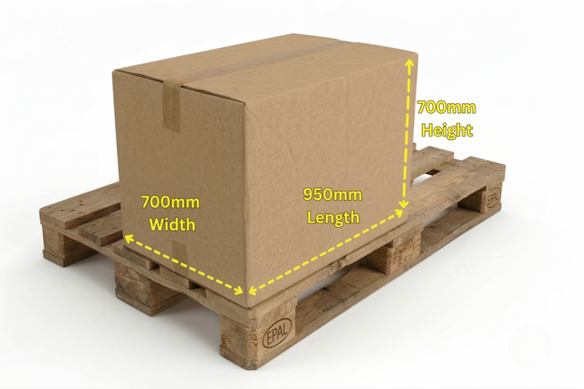 Cardboard box on a wooden pallet with measurements indicated
