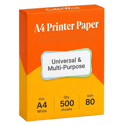 Box of A4 printer paper with orange and yellow design on a white background