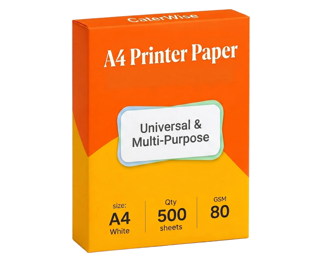 Box of A4 printer paper with orange and yellow design on a white background