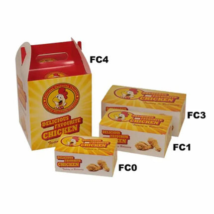Three different sized chicken boxes with a yellow and red design, labeled FC0, FC1, and FC4.