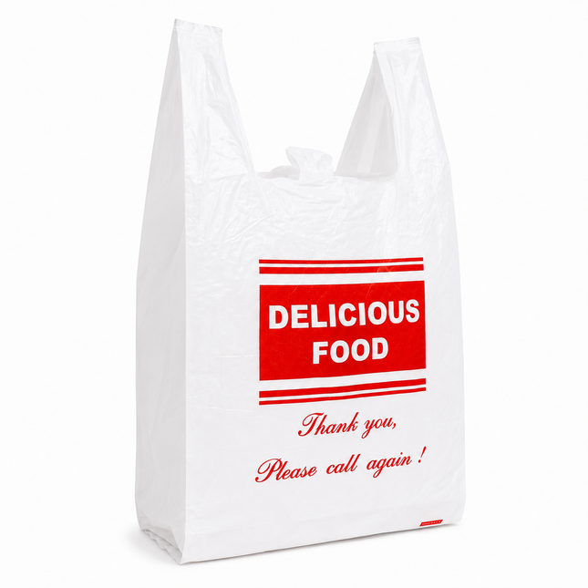 polythene medium white delicious hot food vest carrier - CaterWise Ireland