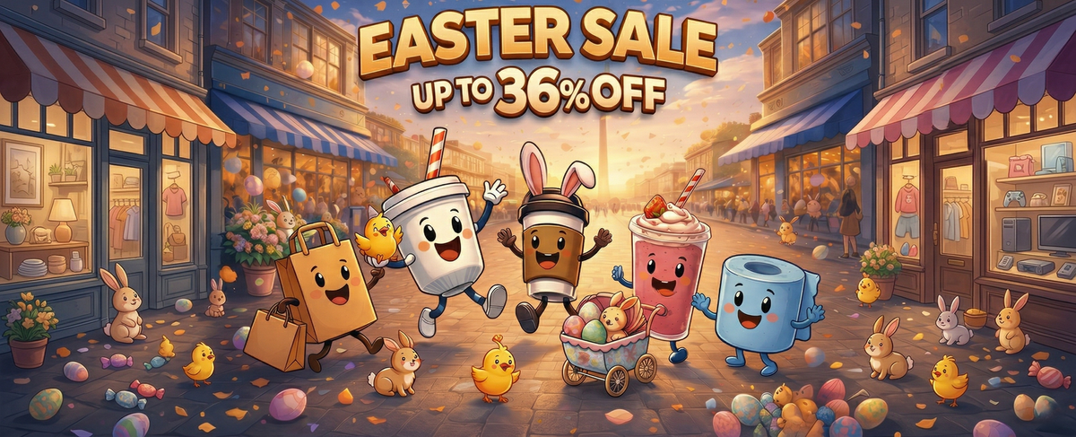 Cartoon characters and Easter eggs on a street with 'Easter Sale' text