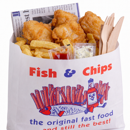 A white paper fast-food bag printed with 'Fish & Chips' and a cartoon fish chip graphic, filled with golden fried fish pieces, french fries, small sauce packets, and wooden utensils on a white background.