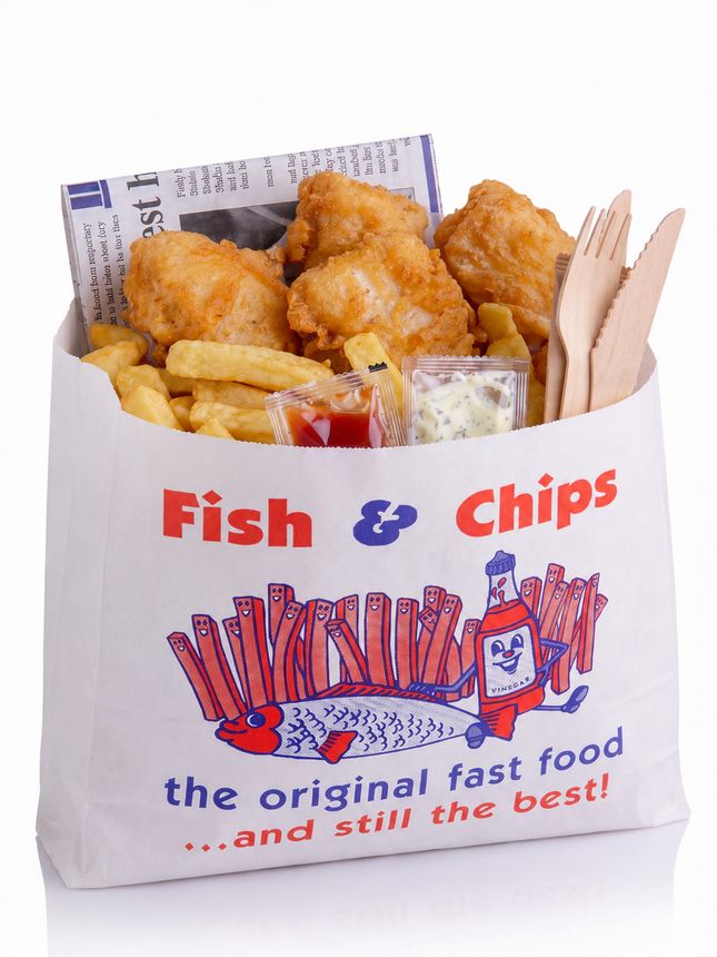 A white paper fast-food bag printed with 'Fish & Chips' and a cartoon fish chip graphic, filled with golden fried fish pieces, french fries, small sauce packets, and wooden utensils on a white background.