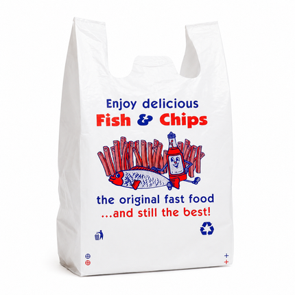 polythene large white fish and chip vest carrier, for takeaway, chips - CaterWise Ireland