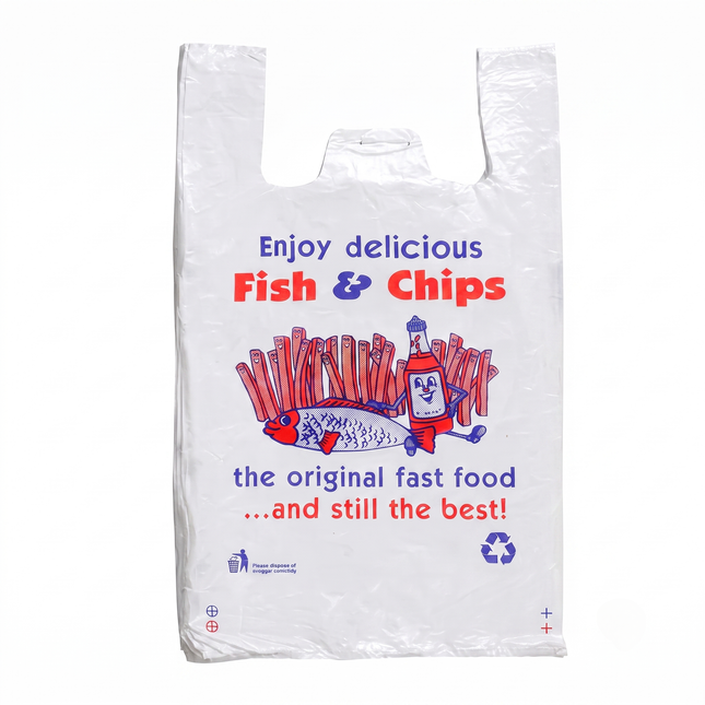 polythene large white fish and chip vest carrier, for takeaway, chips - CaterWise Ireland