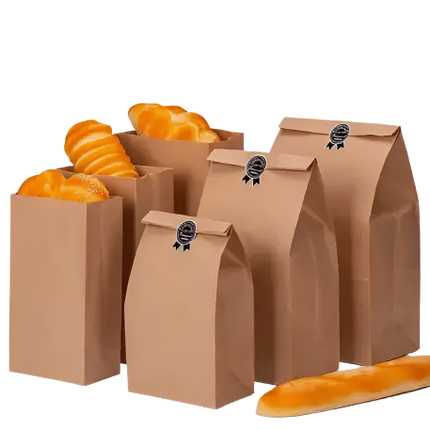 Brown paper bags with bread inside on a white background