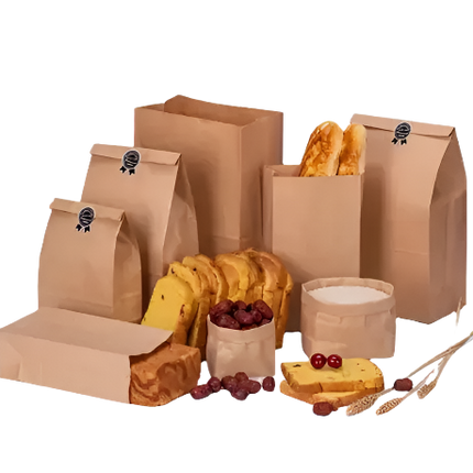 Brown paper bags with food items on a white background