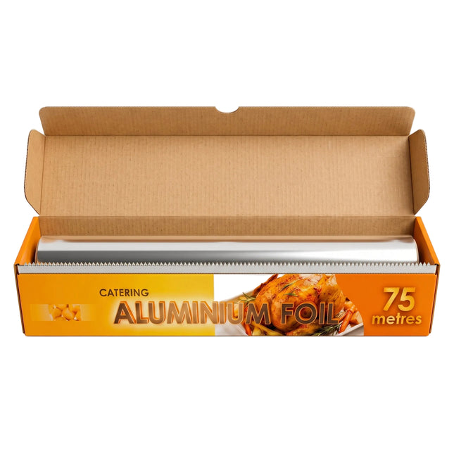 An open cardboard box of catering aluminium foil, showing a roll of silver foil inside. The box is orange and brown with text reading 'CATERING ALUMINIUM FOIL 75 metres' and a photo of cooked chicken on the front.