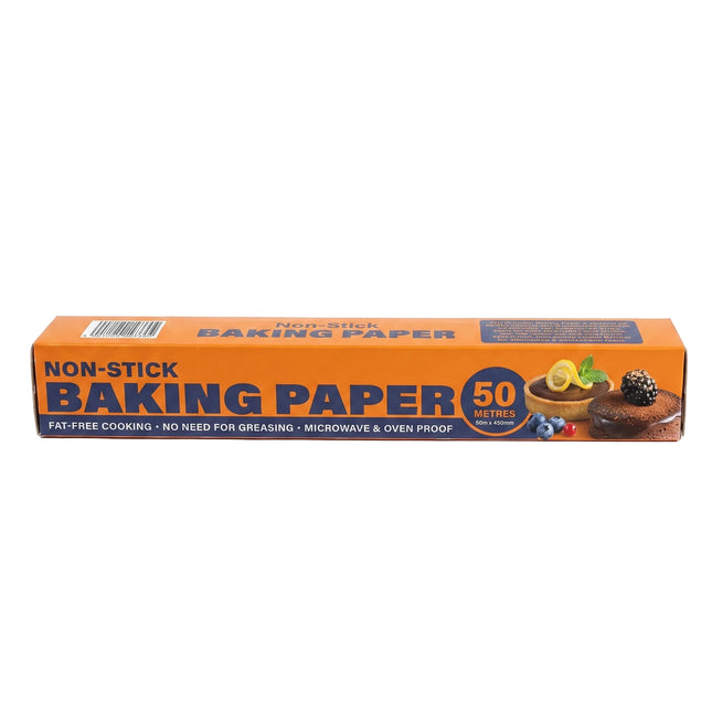 A box of non-stick baking paper, 50 meters, featuring an orange and dark blue design with food illustrations on a white background.
