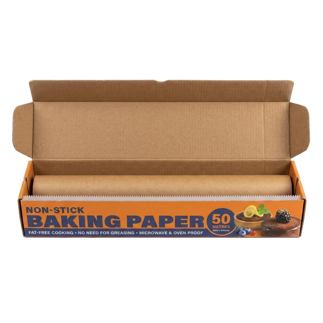 An open cardboard box of non-stick baking paper on a white background. The packaging is orange and brown with text reading 'NON-STICK BAKING PAPER' and '50 METRES'.