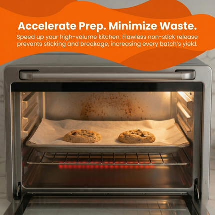 Oven with cookies baking inside, open door showing interior, with promotional text about accelerating prep and minimizing waste.