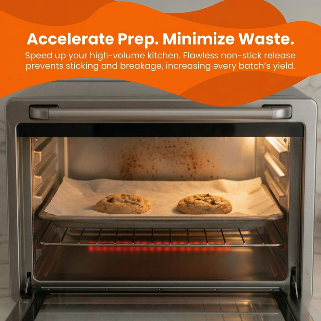 Oven with cookies baking inside, open door showing interior, with promotional text about accelerating prep and minimizing waste.